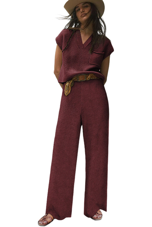 Knitted V Neck Sweater and Casual Pants Set